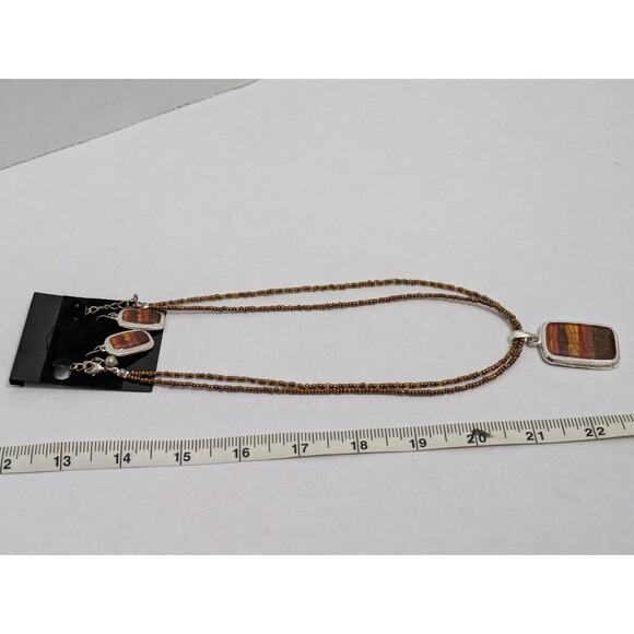 Necklace Earring Set Vintage Designer KC Beaded Two Strand Silver Tone Pendant - Picture 3 of 10